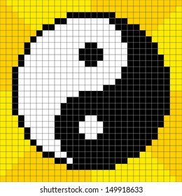 8-bit Pixel-art Yin Yang Symbol on a Yellow Background