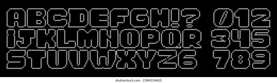 An 8-bit pixelated alphabet. Reminiscent of classic video game graphics and comic book style. Perfect for gaming enthusiasts, retro design projects, capturing nostalgia and 'game over' moments