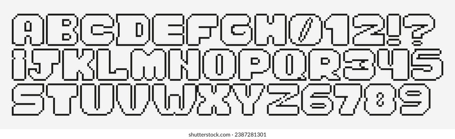 An 8-bit pixelated alphabet. Reminiscent of classic video game graphics and comic book style. Perfect for gaming enthusiasts, retro design projects, capturing nostalgia and 'game over' moments