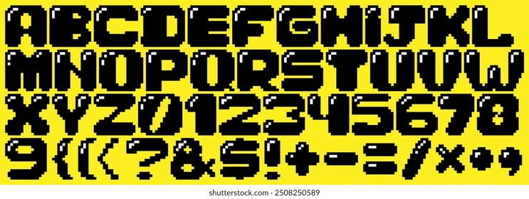 An 8-bit pixelated alphabet. Reminiscent of classic video game graphics and comic book style. Perfect for gaming enthusiasts, retro design projects, capturing nostalgia and 'game over' moments