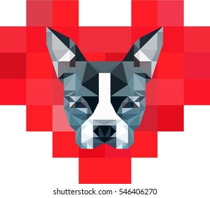 8-Bit pixelated heart with low-poly Boston Terrier head