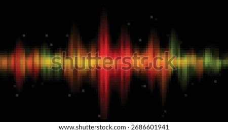  8-bit pixelated music equalizer on a dark background, featuring a colorful sound wave in red, orange, and green hues. Represents digital audio technology, retro gaming style, and sound visualization.