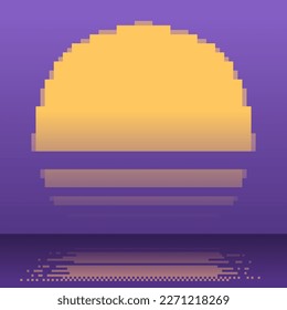 8-Bit-Pixelstilsonnenset bei Twilight mit Lichtreflektion am Ozean