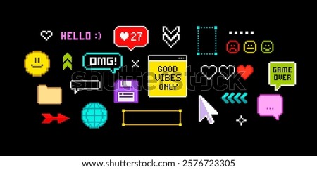 8-bit  Pixels game elements set of 90's aesthetics. Retro game vector elements and pixel icons. Retro pc deckstop and gaming background in pixels style