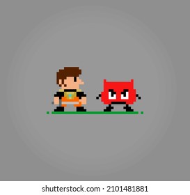 Píxeles humanos y monstruos de 8 bits. Carácter de juego en ilustración vectorial