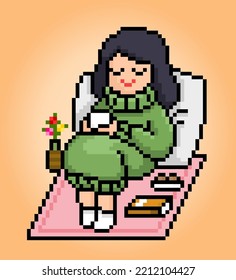 8-bit pixels the theme hygge. The cartoon of women sitting relaxing and drinking coffee in vector illustrations.