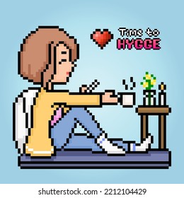 8-bit pixels the theme hygge. The cartoon of women sitting relaxing and drinking coffee in vector illustrations.