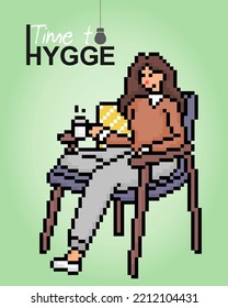8-bit pixels the theme hygge. The cartoon of women sitting relaxing and drinking coffee in vector illustrations.