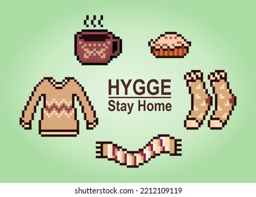 Píxeles de 8 bits del higge del tema. Las herramientas para relajarse en ilustraciones vectoriales.