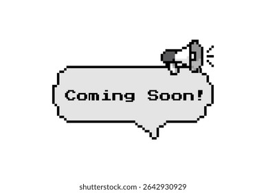 8-bit pixel-style chat bubble with “Coming Soon!” label and a megaphone. Great for teaser banners, promotions, or in-game popups.