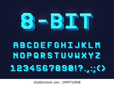 8-bit retro game neon font or type with letters, numbers, digits and symbols. Vector blue glowing alphabet and punctuation marks. Pixelized abc uppercase characters, signs in retro style isolated set