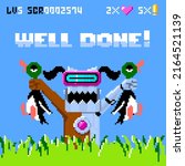 8bit retro game screen in pixel art design. Well done text and dog holding ducks, vector illustration, duck hunt.  