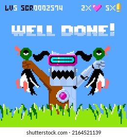 8bit retro game screen in pixel art design. Well done text and dog holding ducks, vector illustration, duck hunt.  