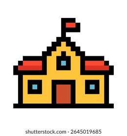  8-bit retro illustration of a yellow and red school building with a flag. Great for educational, city-building games, or back to school projects.