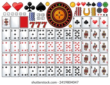 8bit retro pixel art casino gambling games. Poker cards, jackpot and roulette, dice and chips, golden coins pixelated vector set. Diamond, hearts, spade and clubs card block, lucky horseshoe and seven