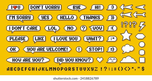 8bit retro pixel speech bubble messages and arrows, like and subscribe, follow, vector pixel font. Chat speech bubbles in 8 bit pixel art, dialog boxes and game talk or message clouds and stars icons