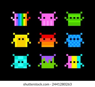 8-Bit Retro space arcade NFT pixel style poster. Perfect Pixel Art colorful icons set in retro video game style.  Pixel NFT style monsters collection