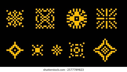 8-bit retro style vector sparkling element isolated on black background. Gold glitter pixel art. Retro pixel art stars icons set. 