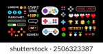 8-bit retro video game gamepad controllers and buttons design - vector pixel graphics. Console game controllers and navigation buttons. Arcade game pixel icons collections