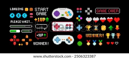 8-bit retro video game gamepad controllers and buttons design - vector pixel graphics. Console game controllers and navigation buttons. Arcade game pixel icons collections