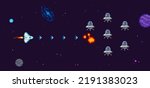 8-bit retro video game scene in pixel art style. Space battle with spaceship vs UFO for 8 bit computer game. Pixelated Space arcade elements template. Editable vector illustration