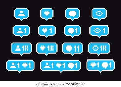 Forma de Botones de notificación de redes sociales de 8 bits. Interfaz de redes sociales de píxeles como, comentario, seguidor. 