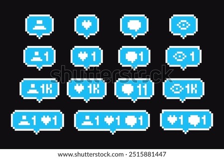 8-bit social networking notification buttons shape. Pixel social media interface like, comment, follower. 