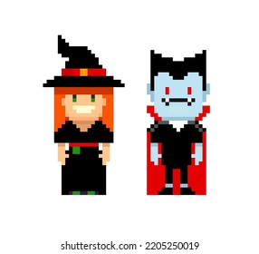 Ginger de 8 bits trajes de bruja y vampiro aislados en blanco. Caricatura divertida chica de píxel y personaje de niño dracula en estilo retro de videojuego Pixel Art para el diseño de Halloween