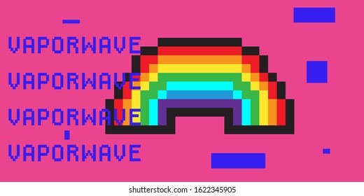 8-bit style illustration with pixelated rainbow on pink background with glitch art artifacts.