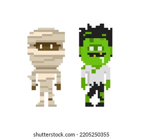 Mummy de estilo de 8 bits y disfraz zombie gracioso aislado en blanco. píxel de dibujos animados Niña momia y personaje de niño zombi al estilo de videojuegos retro. Diseño de Pixel Art para Halloween