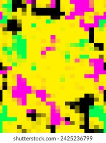 8-bit Style Pattern. Simple Mosaic Seamless Vector Pattern. Black, Pink and Green Squares on a Yellow Background. Chaotic Geometric Mosaic made of Tiny Squares. Disorted Modern Endless Design. RGB.