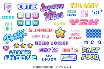 8-Bit Summer Set: Pixel Art Quotes and Patterns - Cheerful Summertime Texts, Retro Gamer Vibes, Playful Icons, Y2K Aesthetics, Love and Happiness, Vintage Video Game Graphics, Cute Summer Stickers.