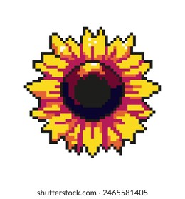 El elemento girasol de 8 bits en pixel art, el estilo de un juego digital vintage de los 80 y 90. Ilustración vectorial.