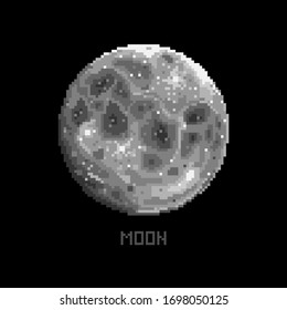 8-bit vector illustration of a black and white moon. Pixel art style universe element for video games and mobile applications. Vector graphics of a gray satellite. The moon with a pronounced texture.