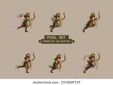 Carácter vectorial retro pixel de 8 bits asesina de arte femenino y hojas de estilo de animación para carrera de juegos de arcada