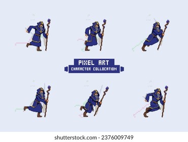 8-Bit Vector Retro Pixel Art Assassin Man Wizard Character and Run Animation Sprite Sheets for Arcade Games