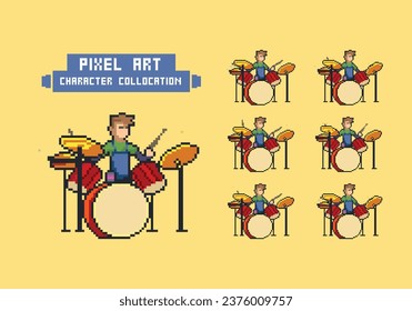 8-Bit Vector Retro Pixel Art Character Play Drum and Animation Sprite Sheets for Arcade Games 