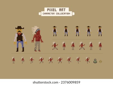 8-Bit Vector Retro Pixel Art Characters and Animation Sprite Sheets for Arcade Games Cowboy Native American