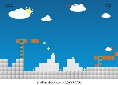 8-bit Video Game Location, Arcade Games, Star,, Bomb, Coin, Stairs