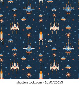 8-bit vintage video game pattern. Nostalgic space shutter seamless background with UFO and spaceships in outer-space. Retro arcade game background design from 80's and 90's for fabric and prints.