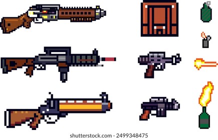 8bit Waffen für Spiel, Set Pistole, Aktentasche, Vektorgrafik 10 EPS