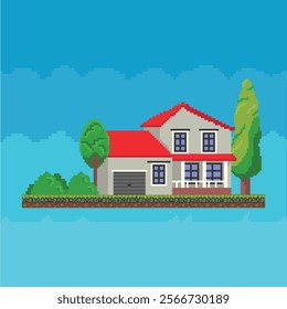 8-bits houses with tree gaming assets illustration