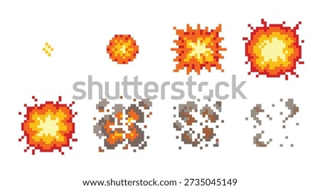 8-frame pixel art explosion animation sprite sheet for smooth retro game blast effects.