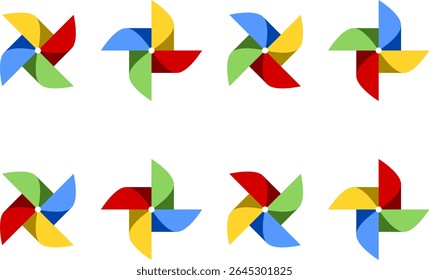8-frame Sprite Sheet of Colorful Pinwheel Whirligig or Spinning Windmill with Different Rotation Phases Symbol Icon for Games or App UI Animation. Vector Image.