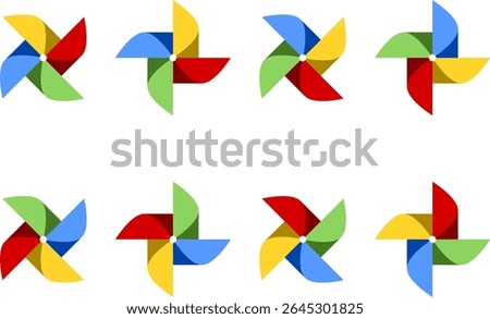 8-frame Sprite Sheet of Colorful Pinwheel Whirligig or Spinning Windmill with Different Rotation Phases Symbol Icon for Games or App UI Animation. Vector Image.