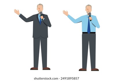 8-head-to-body-body flat design Illustration set of a Caucasian male businessman giving a presentation with a microphone.