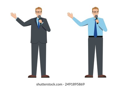 8-head-to-body-body flat design Illustration set of a Caucasian male businessman giving a presentation with a microphone.