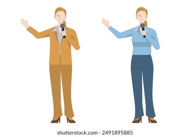 8-head-to-body-body flat design Illustration set of a Caucasian female businessman giving a presentation with a microphone.