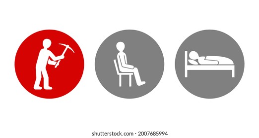 Sistema de 8 horas al día. Vida laboral con tres partes de la semana. Ocho horas de trabajo, descanso y sueño. Iconos vectoriales establecidos en un solo concepto