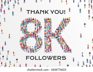 8K Followers. Group of business people are gathered together in the shape of 8000 word, for web page, banner, presentation, social media, Crowd of little people. Teamwork.